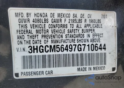 2007 Honda Accord Lx z USA, uszkodzony, nr VIN 3HGCM56497G710644